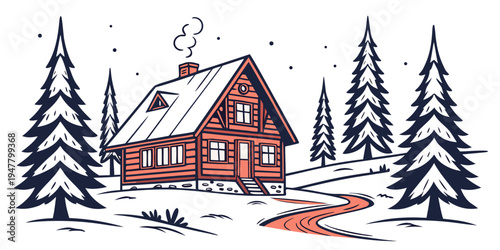 A red house in a snowy forest with a path leading to it Vector