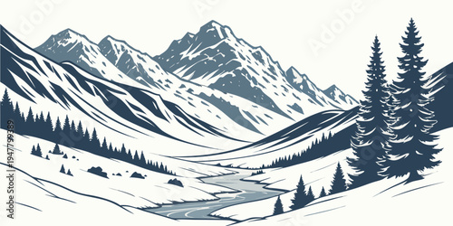 A mountain landscape with trees and snow Vector