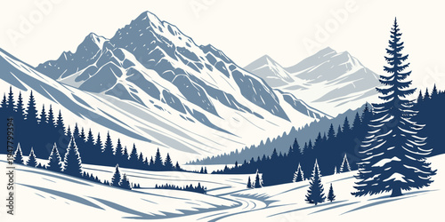 A snowy mountain landscape with trees and mountains Vector