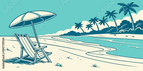 A beach chair and umbrella on a sandy shore Vector