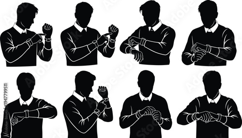Man Adjusting and Checking Watch Icon Set in Professional Attire for Time Management and Fashion Design