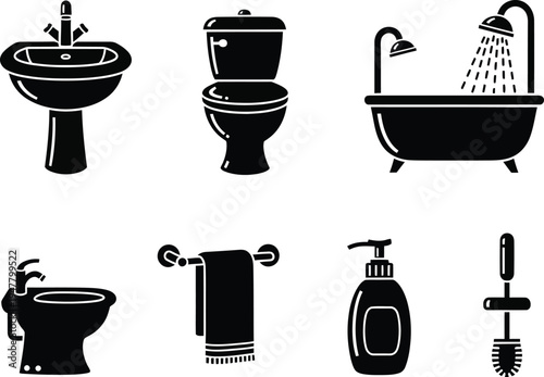 Black of bathroom fixtures and accessories on white background sink toilet 2 bathtub shower