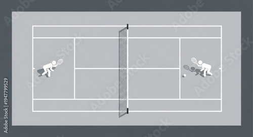 Overhead View of Tennis Court with Two Players.