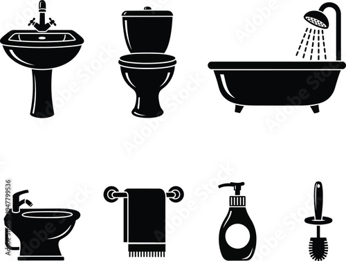 Black of bathroom fixtures and accessories on white background sink toilet bathtub shower