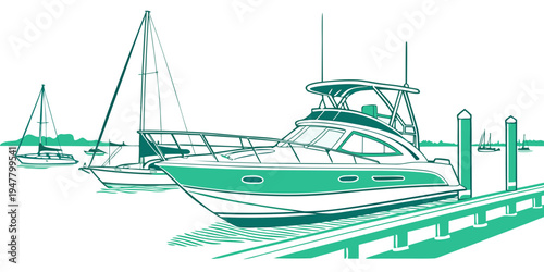 A boat is docked at a pier on the water Vector