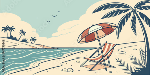 A beach scene with a palm tree and a red umbrella Vector