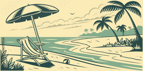 A beach scene with a chair and umbrella Vector