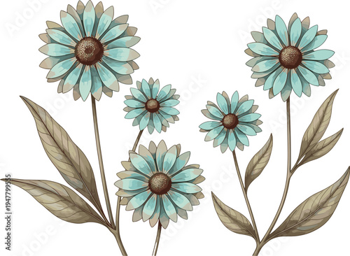 Watercolor Blue Flowers with Beige Leaves in Soft Botanical Style