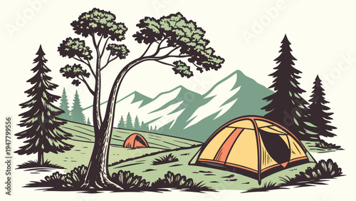 Camping tent in a scenic outdoor setting Vector