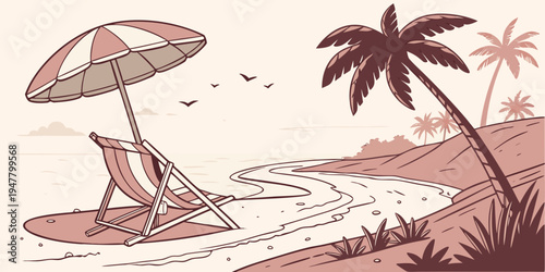 A beach scene with a chair and umbrella Vector