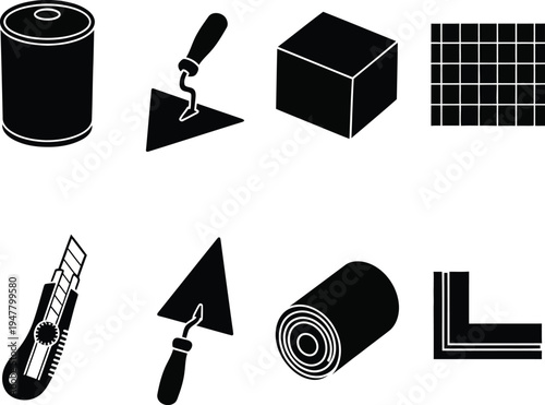 Black of construction tools and on white background trowel cutter roll