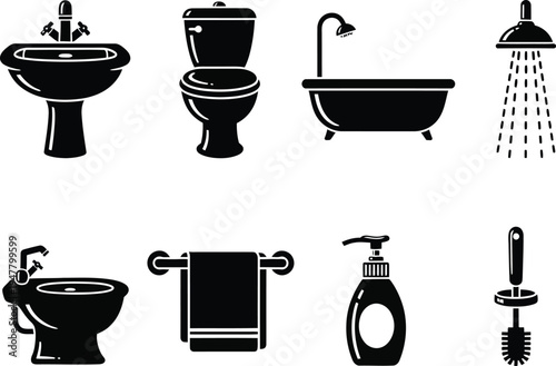 Black of bathroom fixtures and accessories on white background sink toilet 1 bathtub shower