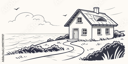 A house on a hill overlooking the ocean Vector