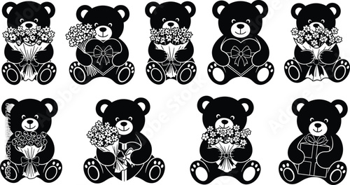 Teddy Bear with Flower Bouquet Icon Set for Gifts, Special Occasions, and Valentine's Day Design