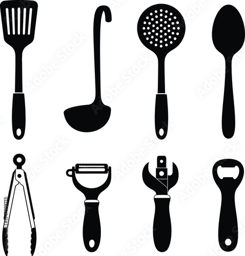 Black silhouette of kitchen utensils on white background spatula ladle slotted spoon