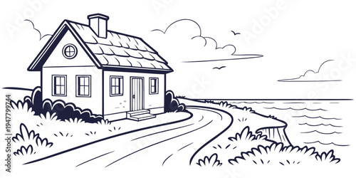 A small house on a winding road by the sea Vector