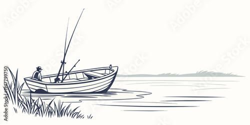 A man in a small boat on the water with a fishing rod Vector