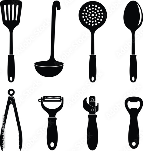 Black silhouette set of eight kitchen utensils on white background spatula ladle skimmer spoon