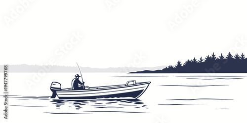Man in a small boat on a lake with a fishing rod Vector