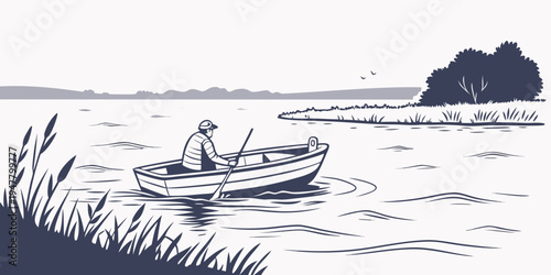 Man in a small boat on a lake with a fishing rod Vector