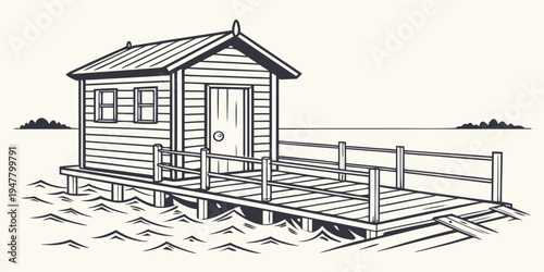A small wooden house with a porch and fence Vector