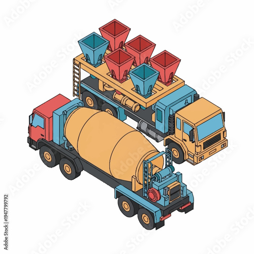 Isometric illustration of a concrete mixer truck and a cement truck.