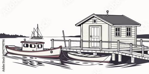 A small boat next to a house on a dock Vector