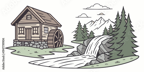A small cabin next to a waterfall in the mountains Vector