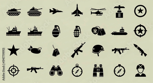 Military and army icon set with tank, fighter jet, helicopter, submarine, grenade, rifle, and soldier helmet