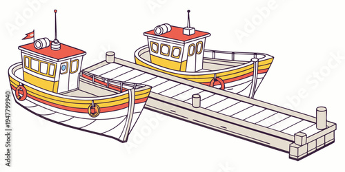 Two boats are docked at a pier Vector