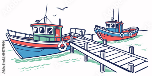 Two fishing boats are docked at a pier Vector