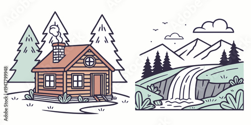 A house and a waterfall in a natural landscape Vector