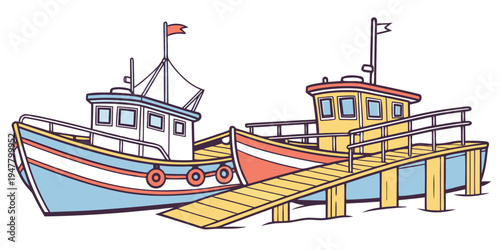 A boat is docked at a pier by the water Vector