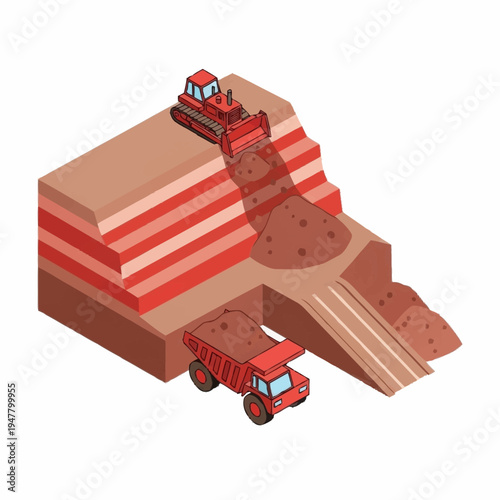 Isometric illustration of a bulldozer pushing dirt down a ramp into a dump truck at a construction or mining site.