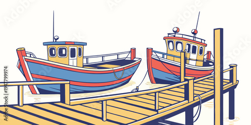 Two boats sitting on a dock Vector