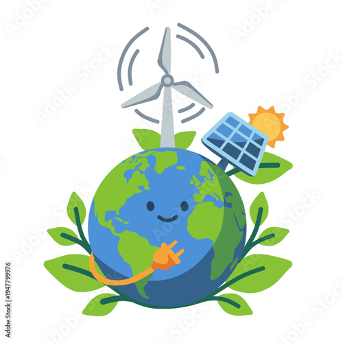 Earth with renewable energy sources and smiling face illustration