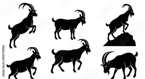 Set of Black Ibex Silhouettes in Various Poses on White Background