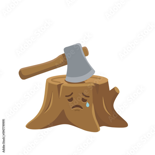 Cartoon tree stump with axe on top crying sad face emotion
