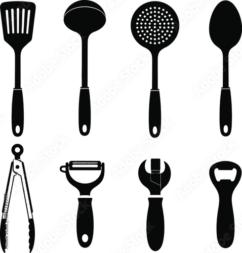 Black silhouette of kitchen utensils and tools cooking tools spatula ladle slotted spoon