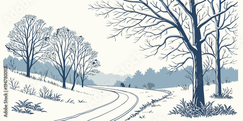 A snowy road lined with bare trees on a winter day Vector