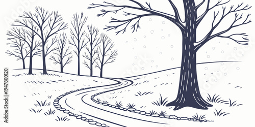 A tree stands alone on a snowy road Vector