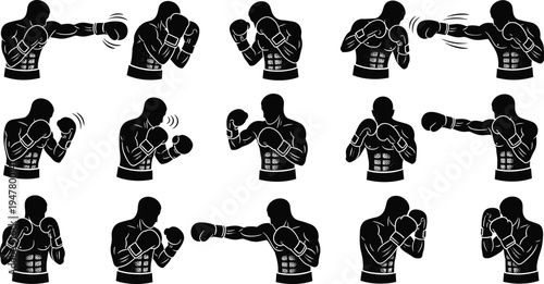 Boxing Action Pose Icon Set with Punching Movements, Fist Strikes, Boxer Stances, and Athletic Fight Sequences for Websites, Apps, and Sports Design
