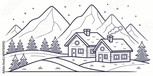 A house in the mountains with snow on the ground Vector
