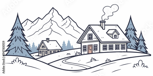 A house in the snow with trees and mountains Vector