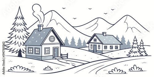 A snowy village with two houses and mountains Vector