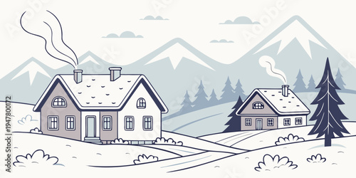A house and a small cottage in a snowy landscape with mountains Vector