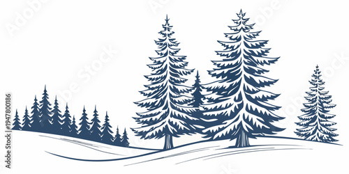 Snow covered pine trees on a hill Vector