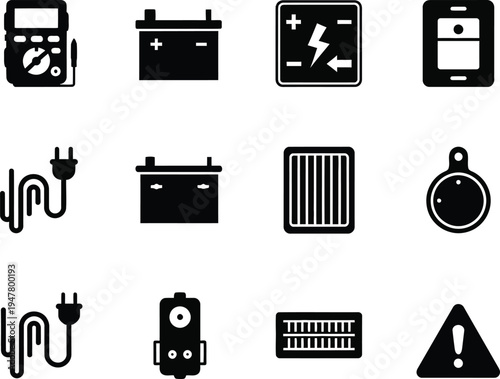 Collection of black electrical and automotive multimeter battery car battery power electricity