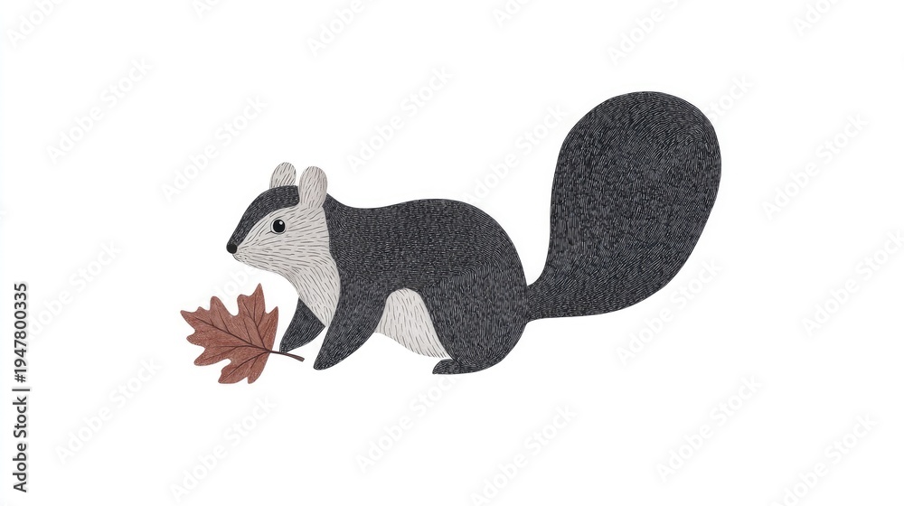 Obraz premium Illustrated Cute Squirrel with Leaf on White Background
