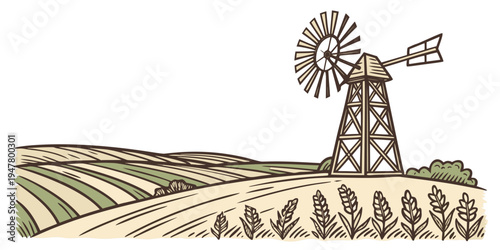 A windmill standing tall in a rural landscape Vector